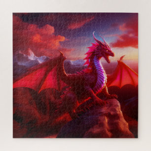 Quebra-cabeça Dragão Vermelho Perches No Pico Da Montanha Cruzad