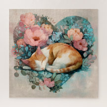 Dreamy Sleeping Ginger Cat Floral Watercolor