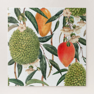 Quebra-cabeça Duriano tropical com aquarela, padrão de manga.