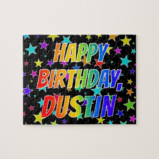 Quebra-cabeça "DUSTIN" Primeiro Nome, Diversão "FELIZ ANIVERSÁRI (Horizontal)