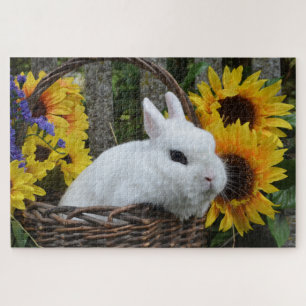Quebra-cabeça Dwarf Hotot Bunny Rabbit com girassóis