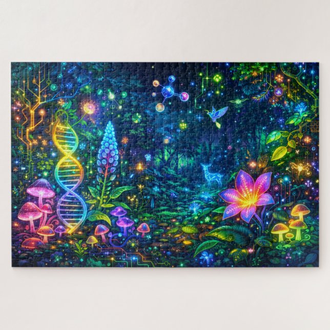 Quebra-cabeça Éden Elétrico: Selva de Neon, Fauna e Cyber-DNA (Horizontal)