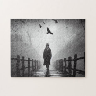 Quebra-cabeça Edgar Allan Poe andando na ponte com Raven Birds