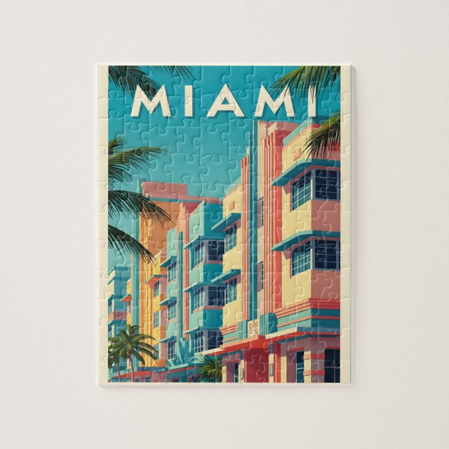 Quebra-cabeça Edifícios vibrantes de Miami com palmeiras (Vertical)