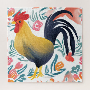 Quebra-cabeça Edna o Galo Galinha Floral de Aquarela
