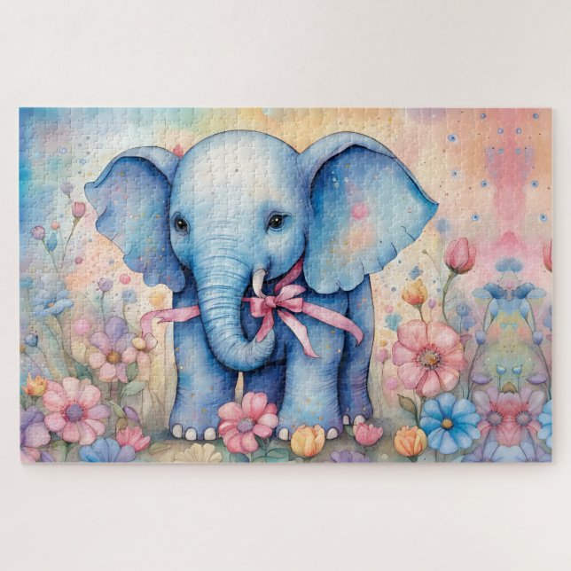 Quebra-cabeça Elefante Adorável de Bebê em Jardim Pastel (Horizontal)