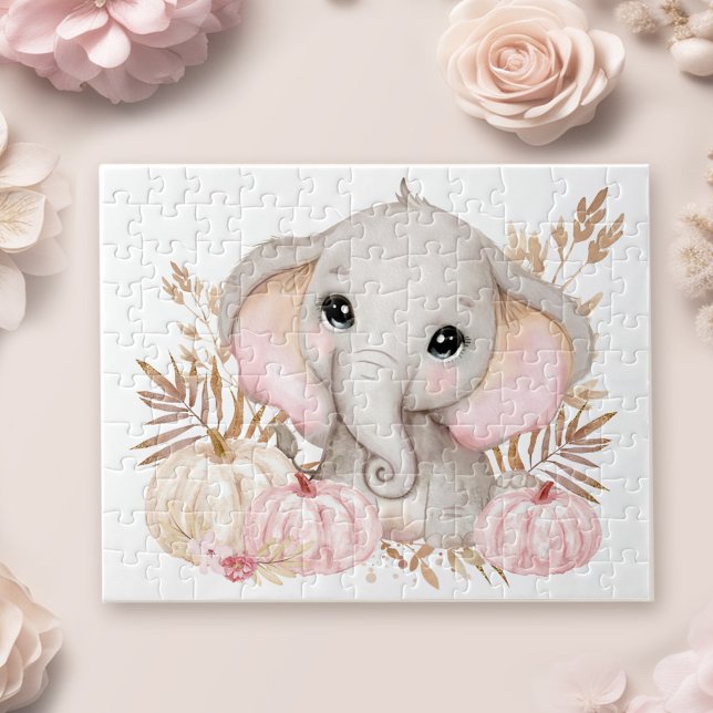 Quebra-cabeça Elefante Cor-De-Rosa E Bombas (Cute Fall Pink Elephant And Pumpkins Jigsaw Puzzle)