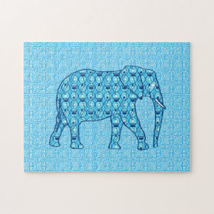 Quebra-cabeça Elefante de Flor de Lotus, Turquesa e Branco