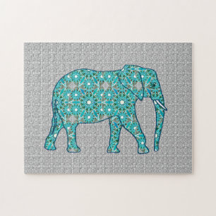 Quebra-cabeça Elefante de flor de Mandala, turquesa, cinzas e br