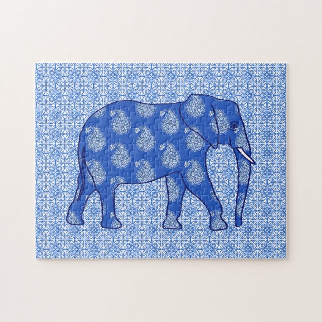 Quebra-cabeça Elefante de Paisley, Azul de Cobalto e Branco (Horizontal)