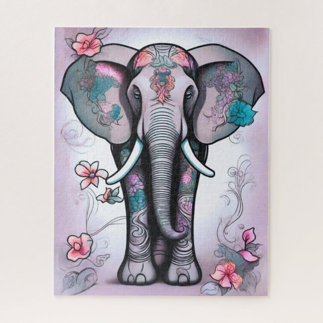 Quebra-cabeça Elefante Indiano cinza Incorporado com Flores (Vertical)