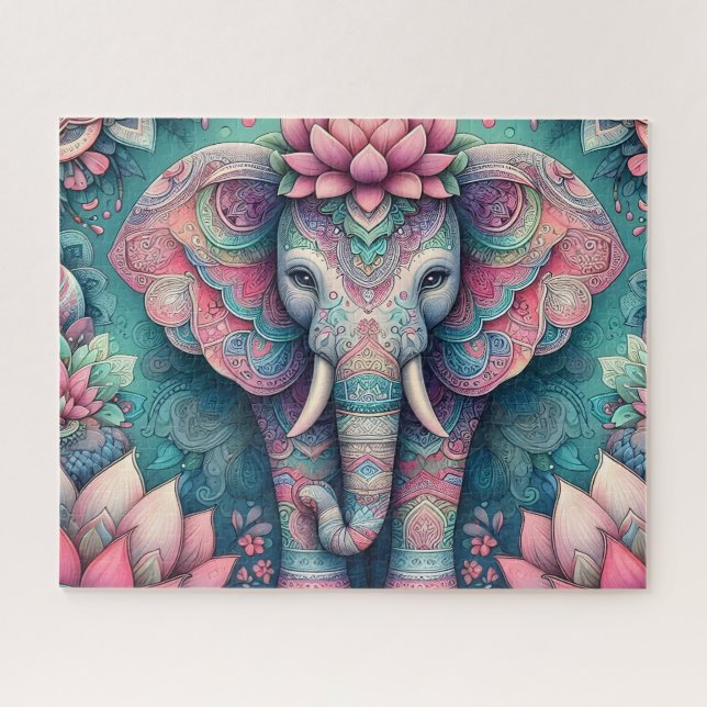 Quebra-cabeça Elefante Mandala de Lótus Rosa (Horizontal)