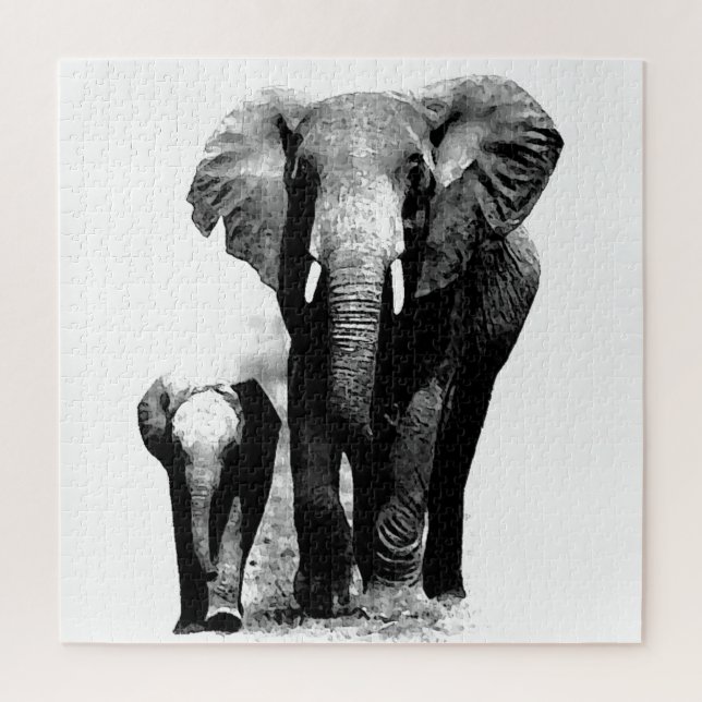 Quebra-cabeça Elefante Preto e Branco e Bebê - Arte Animais (Vertical)