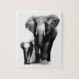 Quebra-cabeça Elefante Preto e Branco e Bebê - Arte Animais