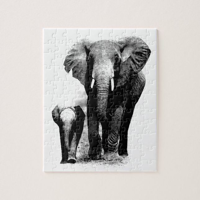 Quebra-cabeça Elefante Preto e Branco e Bebê - Arte Animais (Vertical)