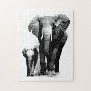 Quebra-cabeça Elefante Preto e Branco e Bebê - Arte de Animais