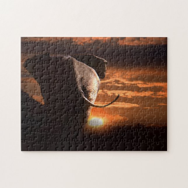 Quebra-cabeça Elefante Touro Africano no Sol Poente. (Horizontal)