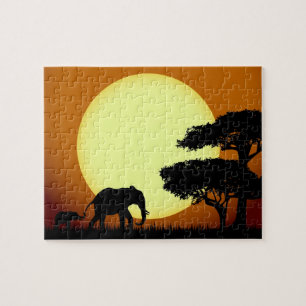 Quebra-cabeça Elefantes do safari no por do sol