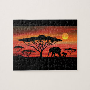 Quebra-cabeça elefantes no pôr do sol de Serengeti