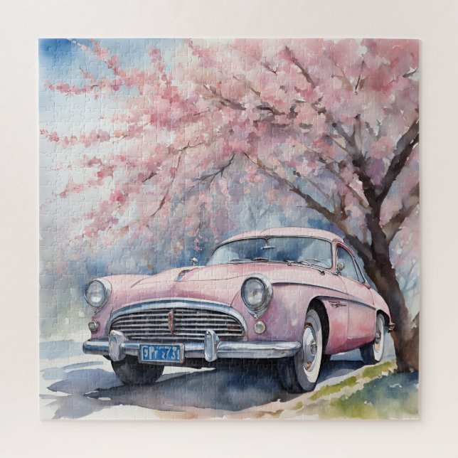 Quebra-cabeça Elegância Rosa: Carro Velho em Aquarela (Vertical)
