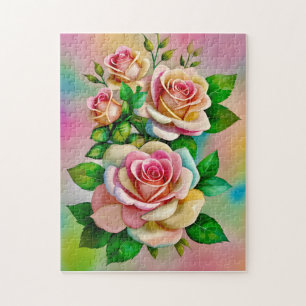 Quebra-cabeça Elegância Rosas Rosa e Amarelo Aquarela Pastel