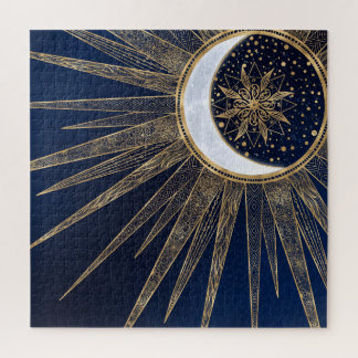 Quebra-cabeça Elegante Blue Dourado Sun Moon Mandala