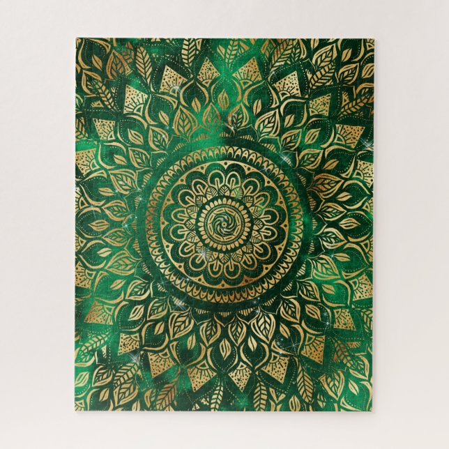 Quebra-cabeça Elegante Dourado Mandala Floral Verde (Vertical)