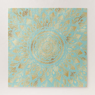 Quebra-cabeça Elegante Dourado Teal Mandala Floral