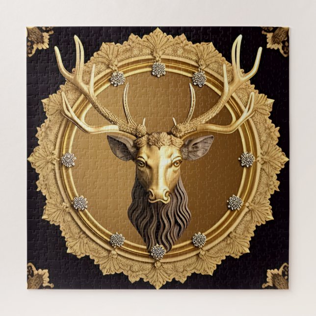 Quebra-cabeça Elegante Emblema de Veado Dourado com Moldura Orna (Vertical)