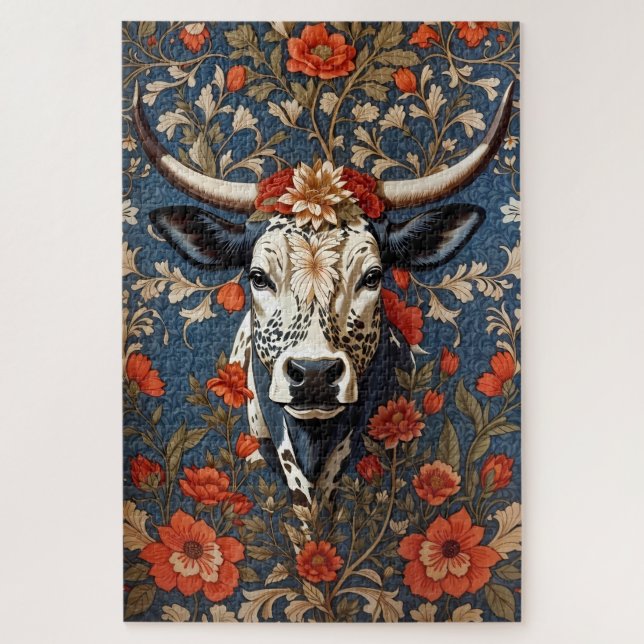 Quebra-cabeça Elegante Nguni Cow William Morris Inspirou (Vertical)
