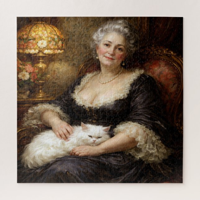 Quebra-cabeça Elegante Senhora Barroca Posando com Gato Branco (Vertical)