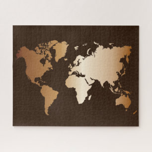 Quebra-cabeça Elegante Viagem de Mapa do Mundo Marrom e Dourado