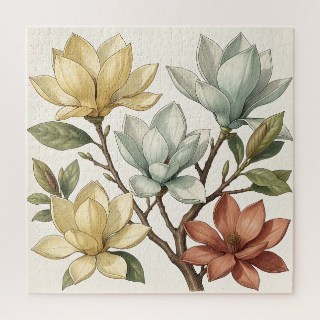 Quebra-cabeça Elegantes Flores de Magnólia Creme Amarelo Terraco (Vertical)