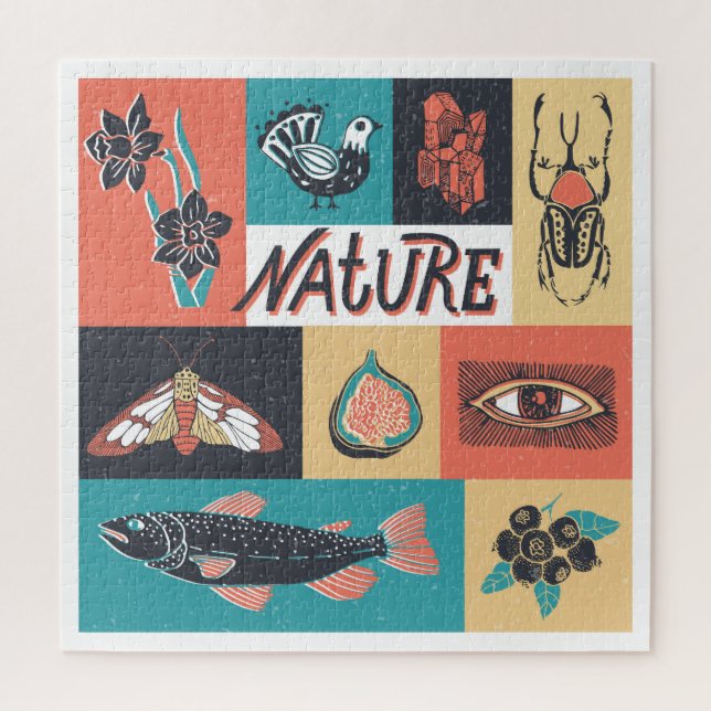 Quebra-cabeça Elementos Natureza, Ícones de Estilo Retroativo. (Vertical)