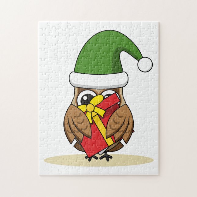 Quebra-cabeça Elf Owl de Natal com Presente (Vertical)