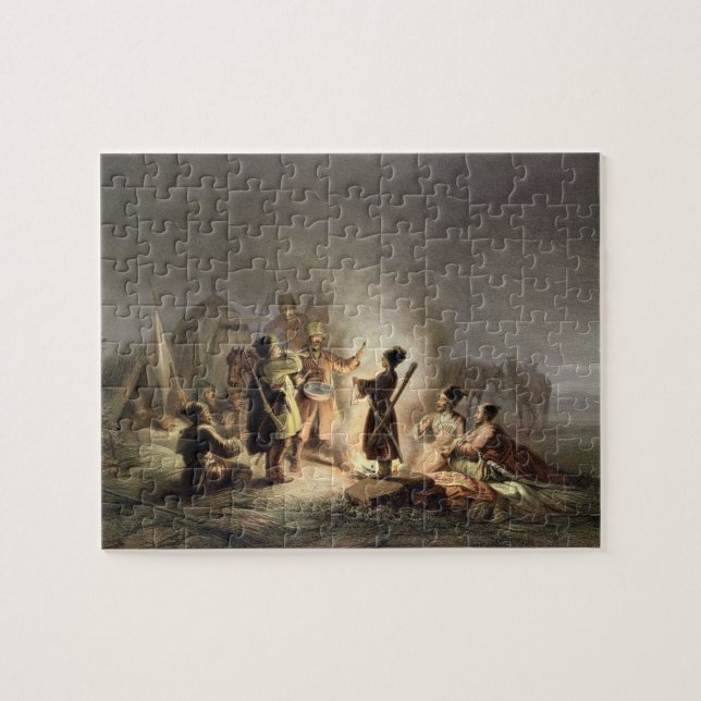 Quebra-cabeça Em volta do fogo do acampamento (litho da cor) (Horizontal)