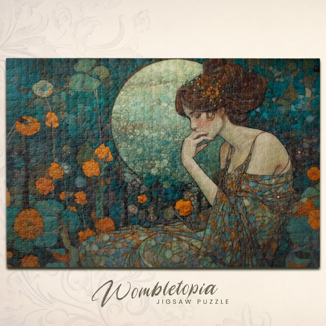 Quebra-cabeça Emerald Twilight: Art Nouveau Lady & Floral Mosaic (Criador carregado)