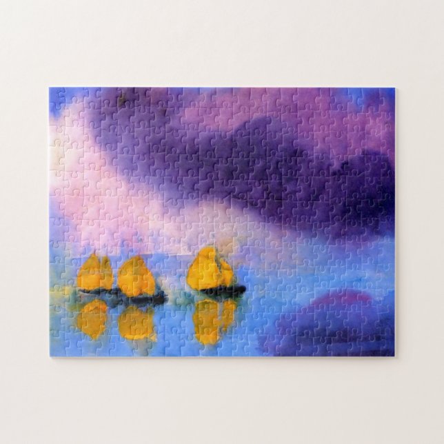Quebra-cabeça Emil Nolde - Mar com Nuvens Violetas e Barcos Nave (Horizontal)