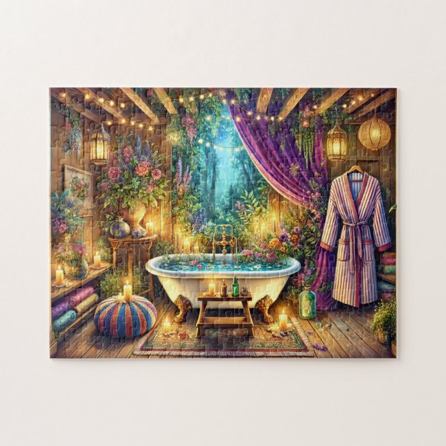 Quebra-cabeça Enchanted Forest Spa Banho Jardim com Velas (Horizontal)