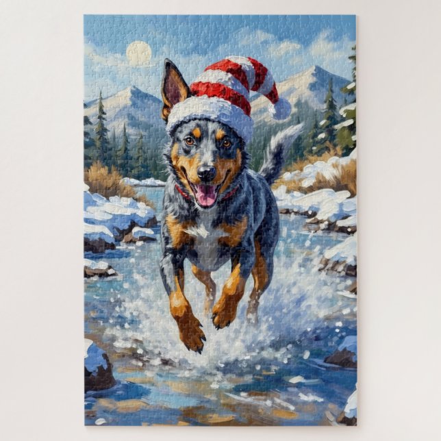 Quebra-cabeça Energetic Blue Heeler Dog Winter Creek Christmas (Vertical)