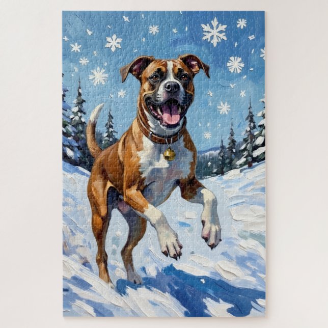 Quebra-cabeça Energetic Boxer Dog Leaping in Winter Snow Fun (Vertical)