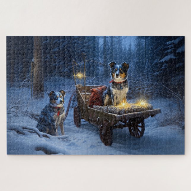 Quebra-cabeça Enfeite de Natal de Trenó Nevado Blue Heeler  (Horizontal)