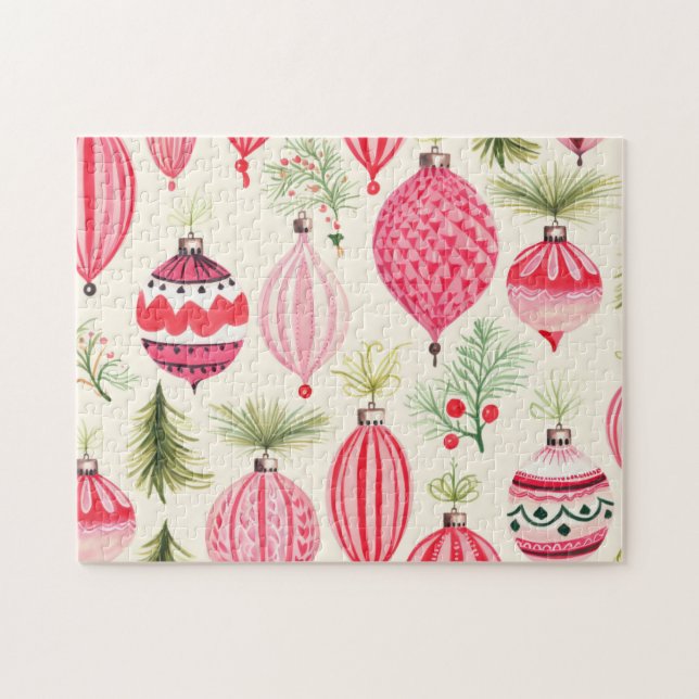 Quebra-cabeça Enfeites Retro Rosa Vermelho Natal (Horizontal)