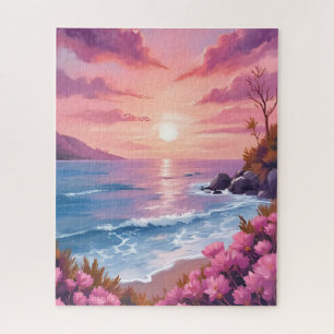 Quebra-cabeça Enseada Corada Aquarela Rosa do Pôr do Sol Oceân