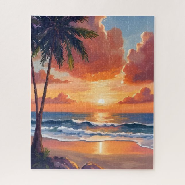 Quebra-cabeça Enseada da Hora Dourada | Aquarela do Oceano Tropi (Vertical)
