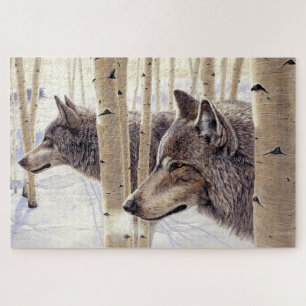 Quebra-cabeça Entre os Aspens, dois lobos na neve de inverno