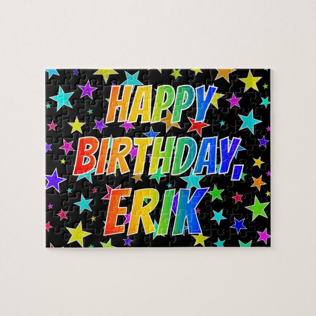 Quebra-cabeça "ERIK" Primeiro Nome, "FELIZ ANIVERSÁRIO" (Horizontal)