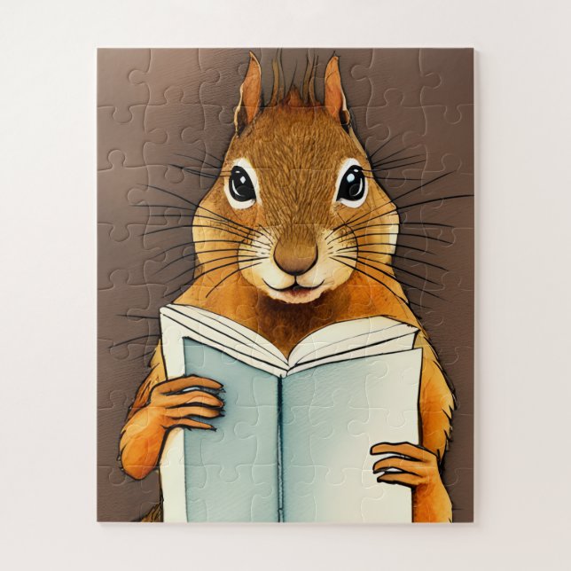 Quebra-cabeça Esboço Adorável de Aguarela Esquilo Lendo um Livro (Vertical)