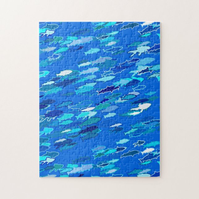 Quebra-cabeça Escola de Peixes, Azul Escuro, Branco e Turquesa (Vertical)