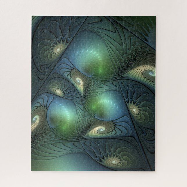 Quebra-cabeça Espirais Teal Beige Verde Abstrato Fractal (Vertical)